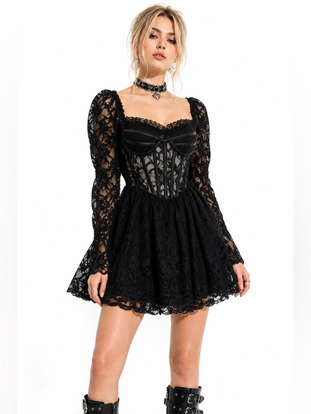 Sky to Moon Black Lace Corset Mini Dress Goth Fairy Grunge Coquette Size XS/S